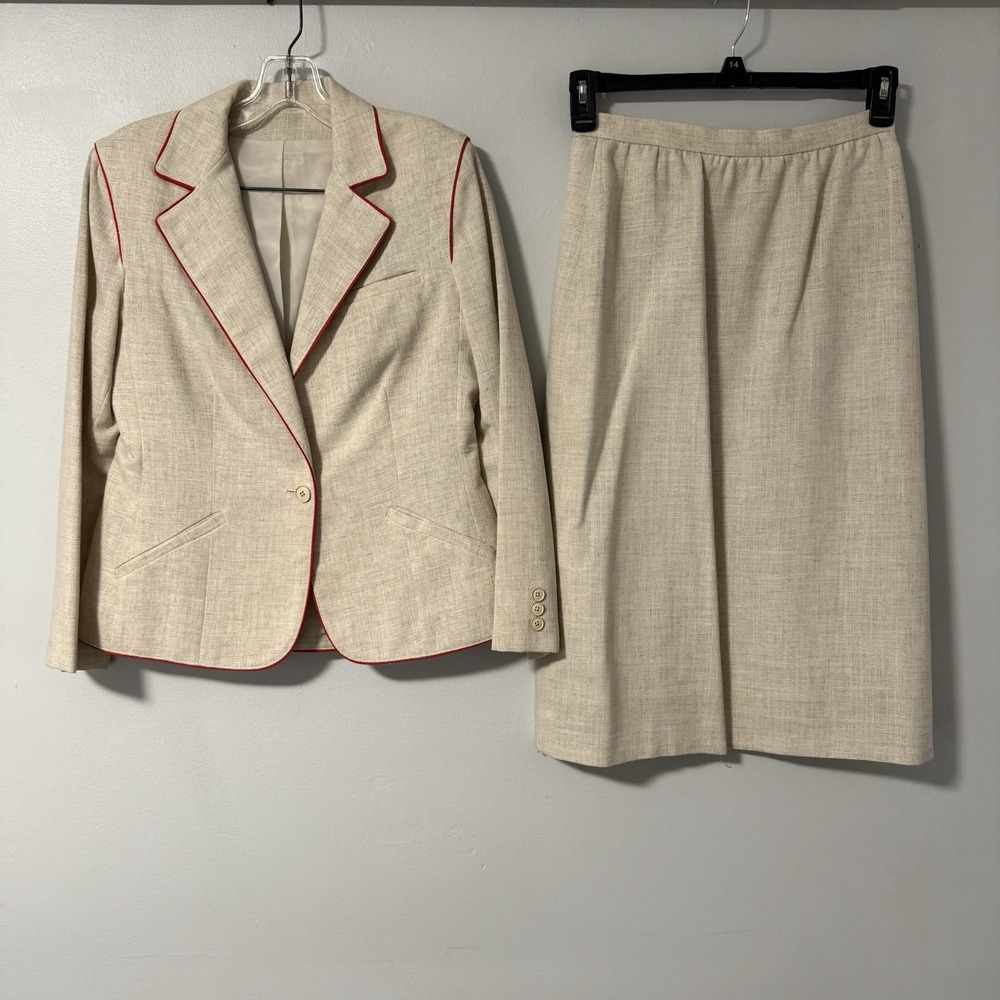 Devon Hall Blazer Skirt Suit Set‎ Oatmeal/Beige Red Piping VTG 1970s IGLWU